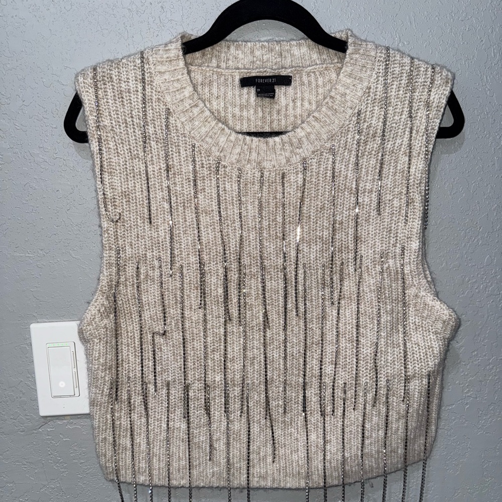 Forever 21 cream Sleeveless Sweater with Silver Accents